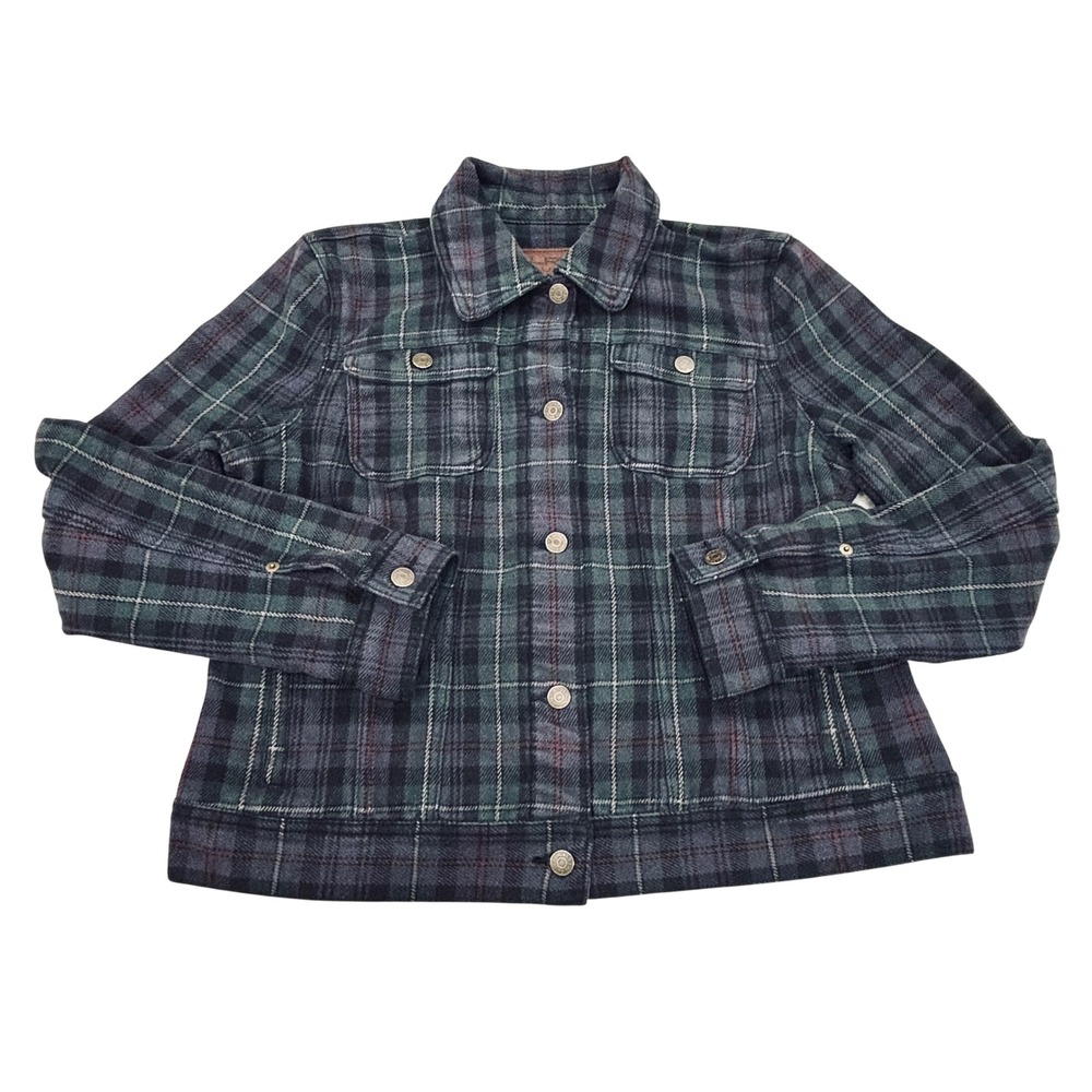 Lauren Ralph Lauren Tartan Plaid Denim Jacket Womens Large Purple Green Jean LRL